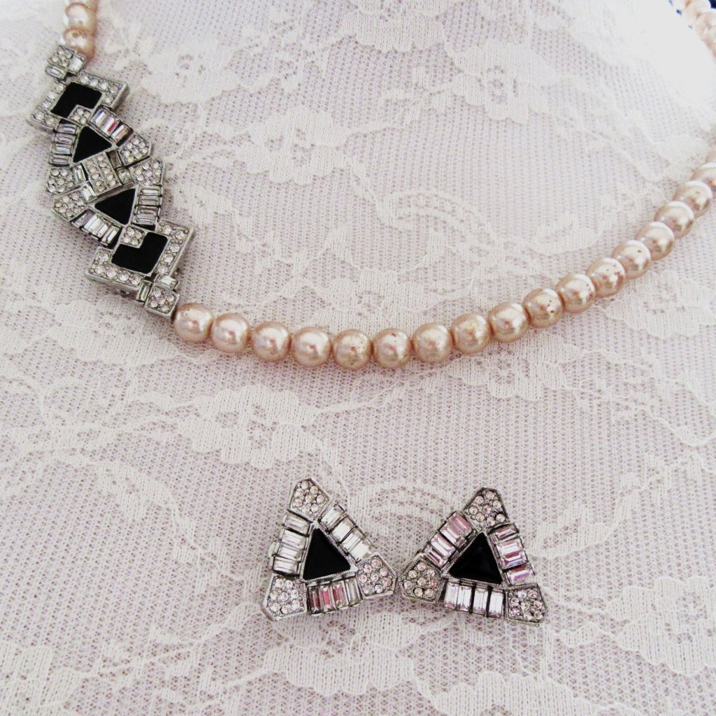 Vintage Art Deco Revival Faux Champagne Pearl & Rhinestone Necklace & Earrings